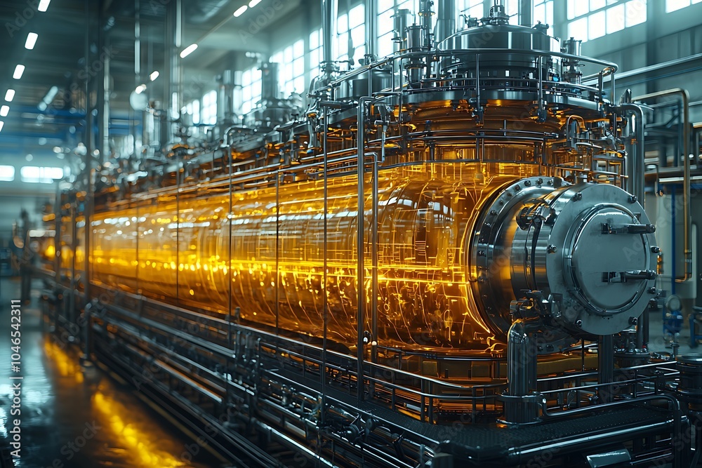 Industrial Machinery with Glowing Yellow Liquid Inside, Modern Factory Production Line, Automated System, Manufacturing Process, Automated Equipment Industrial Machinery with Glowing Yellow Liquid Inside, Modern Factory Production Line, Automated System, Manufacturing Process, Automated Equipment