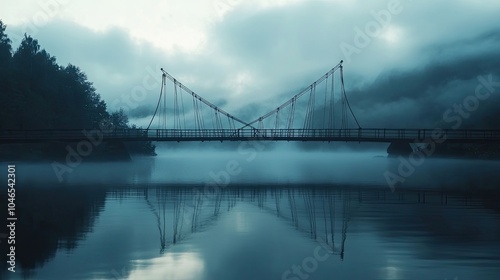 A misty morning scene of a suspension bridge with soft light breaking through the clouds, reflecting on the calm waters of the river below.