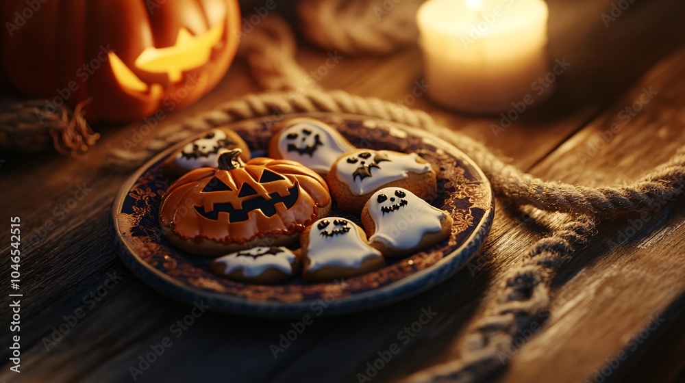 2410 101.A Halloween-themed table setting with a plate of intricately decorated cookies shaped like pumpkins, ghosts, and bats. The plate rests on a wooden table beside a lit candle and a length of 2410 101.A Halloween-themed table setting with a plate of intricately decorated cookies shaped like pumpkins, ghosts, and bats. The plate rests on a wooden table beside a lit candle and a length of