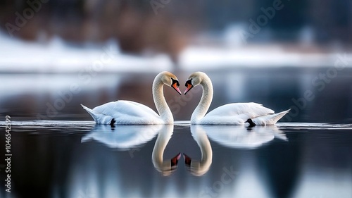 Fototapeta Naklejka Na Ścianę i Meble -  Two swans forming a heart shape on calm water, A pair of swans facing each other on a peaceful lake, their necks creating a heart shape, symbolizing love and tranquility in nature.


