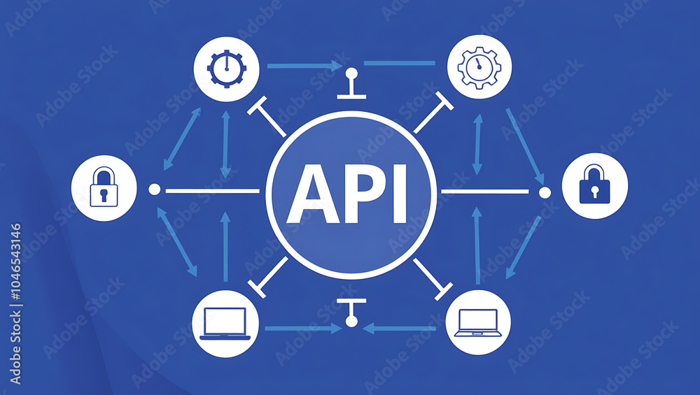 network diagram of 'API', API icons, Digital network, Blue background network diagram of 'API', API icons, Digital network, Blue background