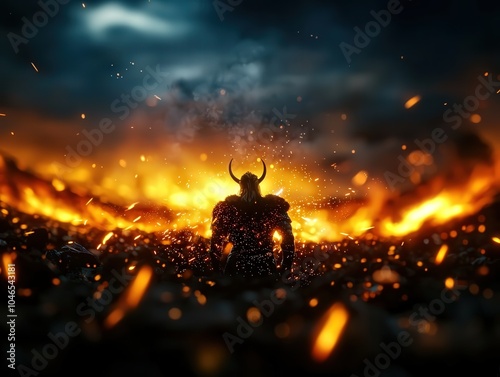 Epic Battle of a Viking Warrior Amidst Fiery Chaos and Destruction in a Dramatic Landscape photo