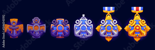 Marine game level star award with golden crossed anchors, rank nautical heraldic medal. Cartoon vector gaming trophy badges progression from wooden to gold, emphasize achievement recognition and honor