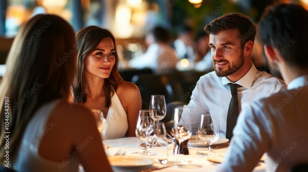 A stylish dinner setting with friends enjoying a conversation, featuring elegant tableware and a warm, inviting atmosphere. A stylish dinner setting with friends enjoying a conversation, featuring elegant tableware and a warm, inviting atmosphere.