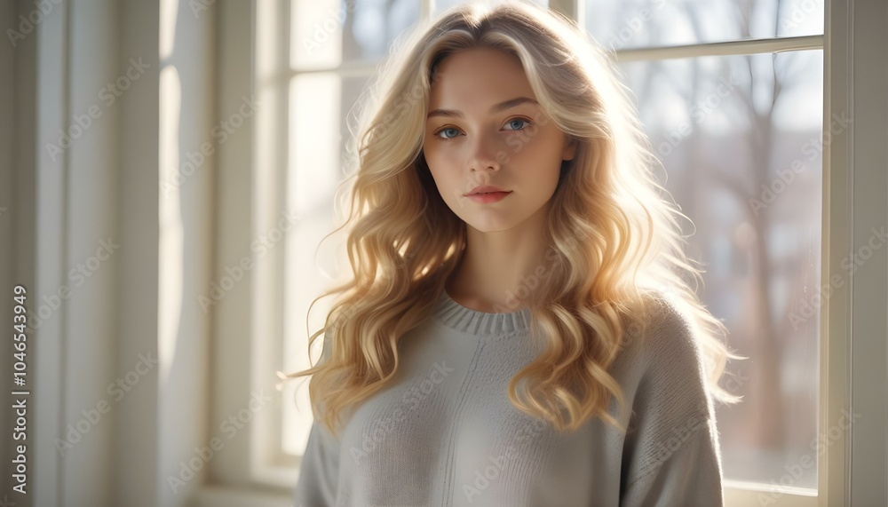 Portrait of a young Caucasian woman with wavy blonde hair, wearing a sweater Portrait of a young Caucasian woman with wavy blonde hair, wearing a sweater