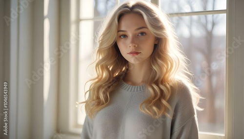 Portrait of a young Caucasian woman with wavy blonde hair, wearing a sweater Free Download Portrait of a young Caucasian woman with wavy blonde hair, wearing a sweater - GFXLoad