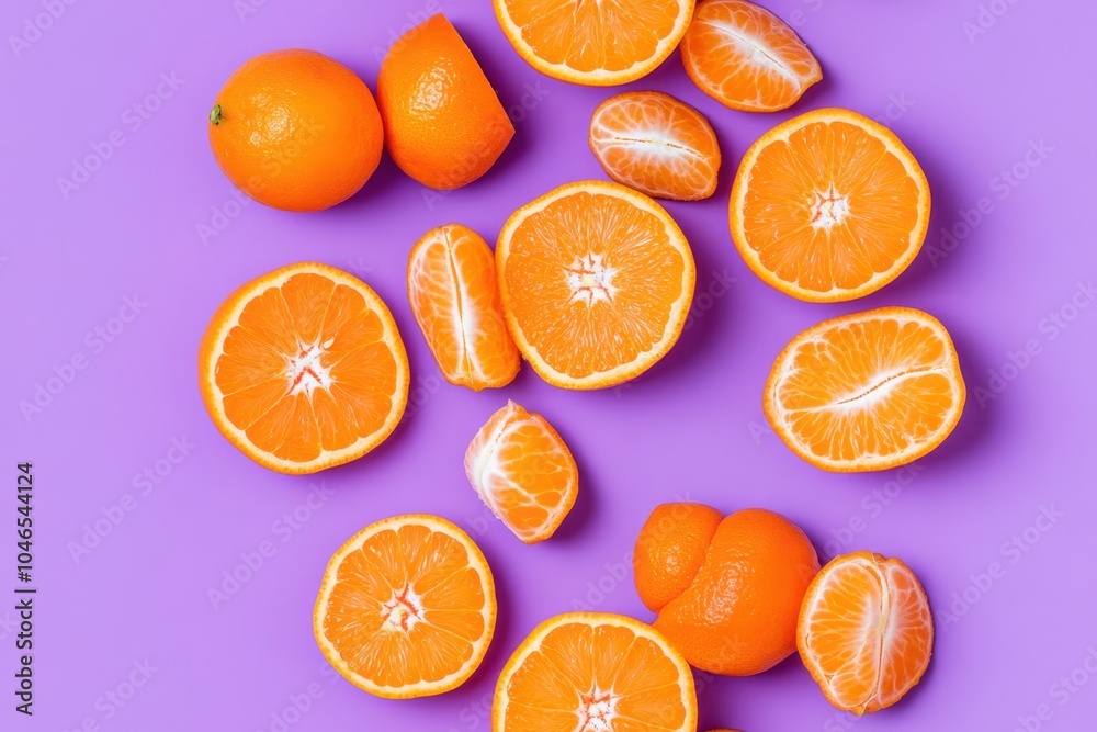Fresh Tangerine Slices and Whole Fruits on Vibrant Background Fresh Tangerine Slices and Whole Fruits on Vibrant Background