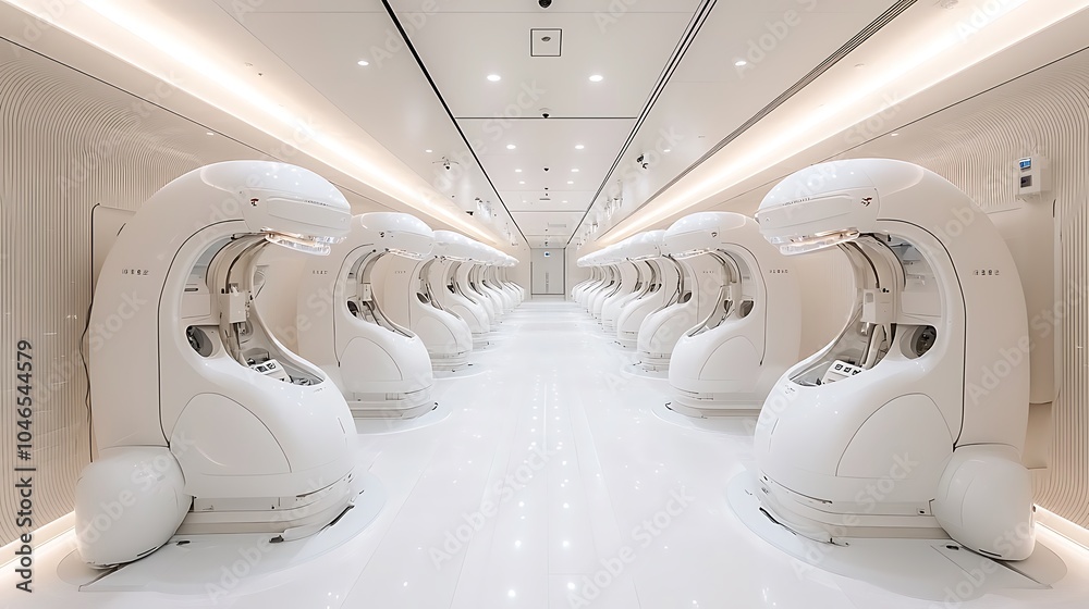 Futuristic White Pods Line Up in a Sleek and Modern Room, Creating a Sense of Innovation and Wonder Futuristic White Pods Line Up in a Sleek and Modern Room, Creating a Sense of Innovation and Wonder