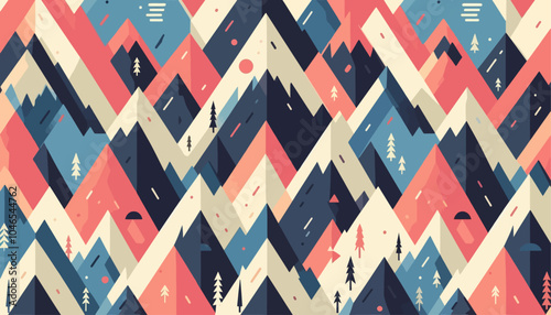 Seamless flat pattern featuring mountains and trees in a simple nature design