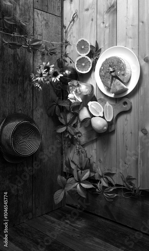 Black and white still life with pie and citrus fruits.