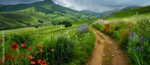Scenic Countryside Dirt Path with Wildflowers in Spring
