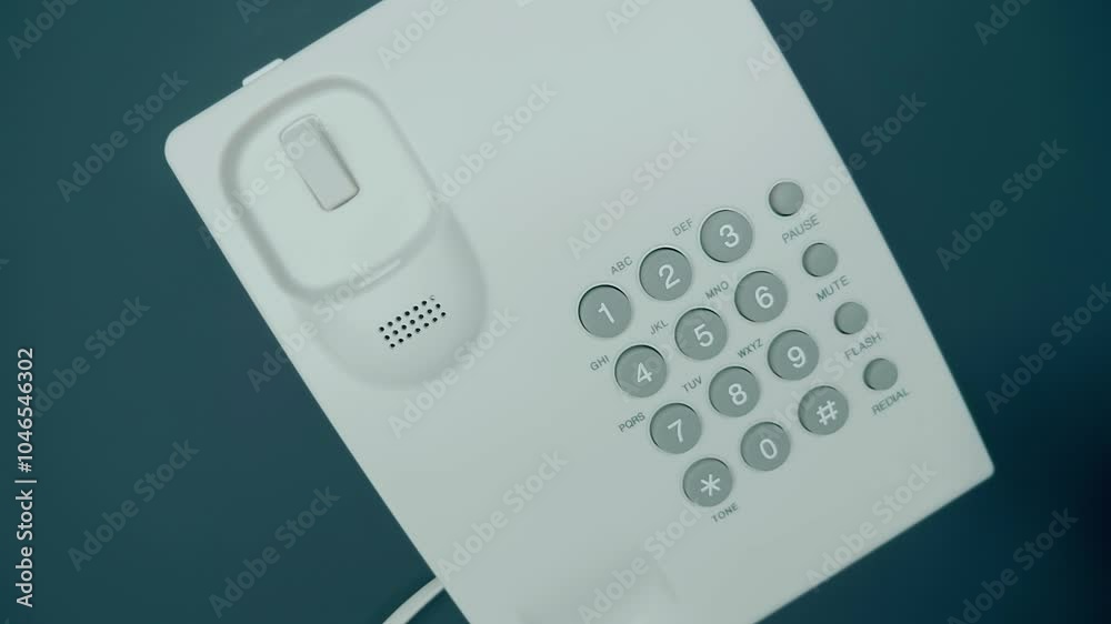 White handset with cable of old push-button telephone shines in darkness on black background. Closeup. Macro. Shallow depth of field. Shot in motion White handset with cable of old push-button telephone shines in darkness on black background. Closeup. Macro. Shallow depth of field. Shot in motion