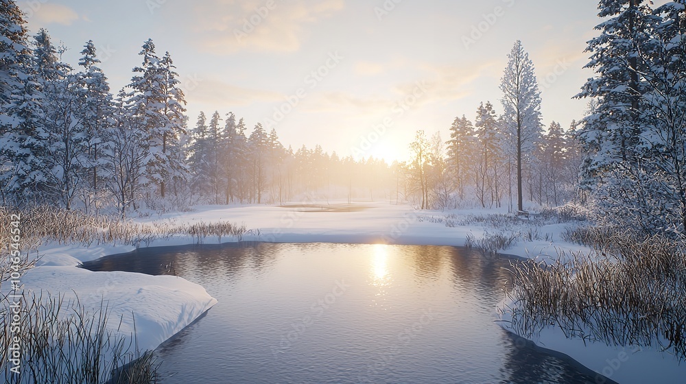 Snow-Covered Calm Winter Landscape at Snowfall Snow-Covered Calm Winter Landscape at Snowfall