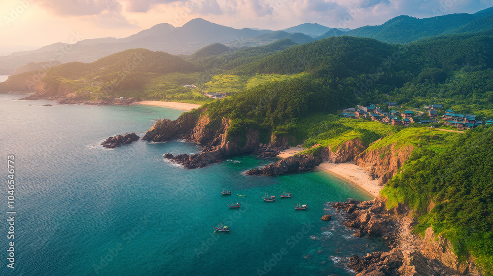 Obraz premium A beautiful beach with a rocky shoreline and a mountain range in the background