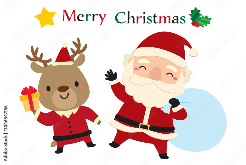 かわいいサンタクロースとトナカイのクリスマスキャラクターイラスト02