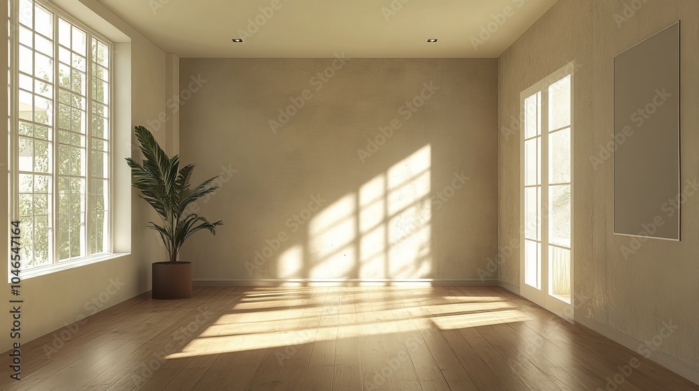 Fototapeta premium Spacious empty loft room with beige walls and natural light streaming in.