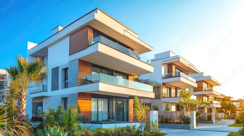 Three-story modern bungalow with stylish balconies captured on a clear morning. Three-story modern bungalow with stylish balconies captured on a clear morning.