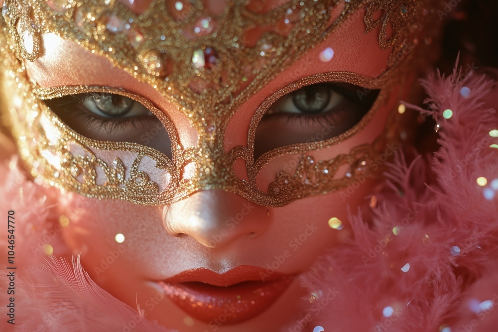 Close up of the face of woman wearing elegant, ornamental, gold glitter venetian mask, surrounded by ping delicate feathers. Woman has red lips and looking into the camera. Masquerade ball. Close up of the face of woman wearing elegant, ornamental, gold glitter venetian mask, surrounded by ping delicate feathers. Woman has red lips and looking into the camera. Masquerade ball.
