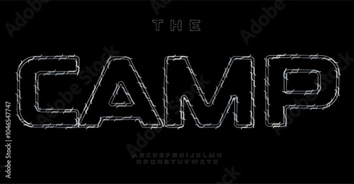Barbed wire typography, rugged letters, edgy outline font for rebellious headline, restriction rights lettering. Vector typeset.