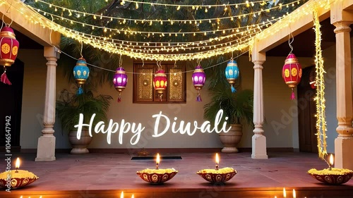 Experience a lively Diwali street scene where houses are beautifully lit with colorful lights, creating a festive vibe at night. Glowing diyas line the sidewalks, adding warmth, while the sky is fille photo