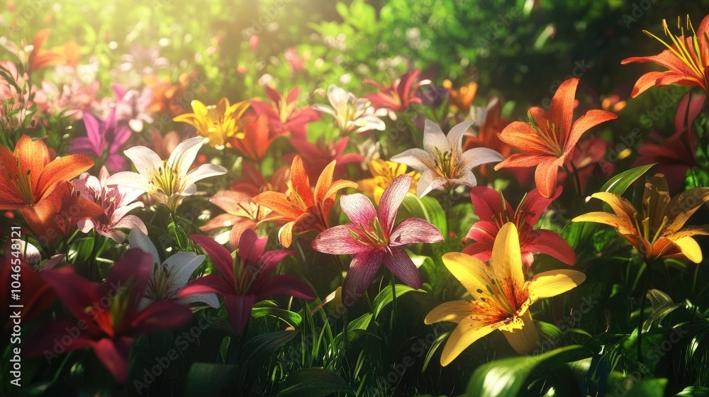 A picturesque garden scene featuring a variety of colorful lilies, gently swaying in the breeze under bright sunlight. A picturesque garden scene featuring a variety of colorful lilies, gently swaying in the breeze under bright sunlight.