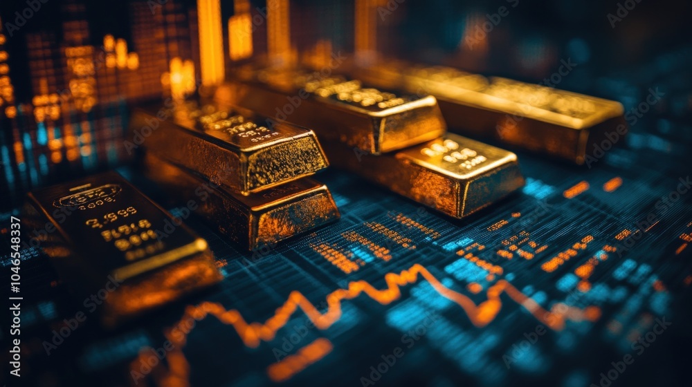 Gold bars on a stock market chart, representing investment and wealth. Gold bars on a stock market chart, representing investment and wealth.