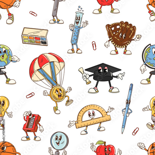 Cartoon school stationery groovy characters seamless pattern. Vector playful kids tile background with educational supplies. Pen, ruler, and globe, color palette, test tube, graduation cap or diploma