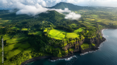 A lush green field with a mountain in the background