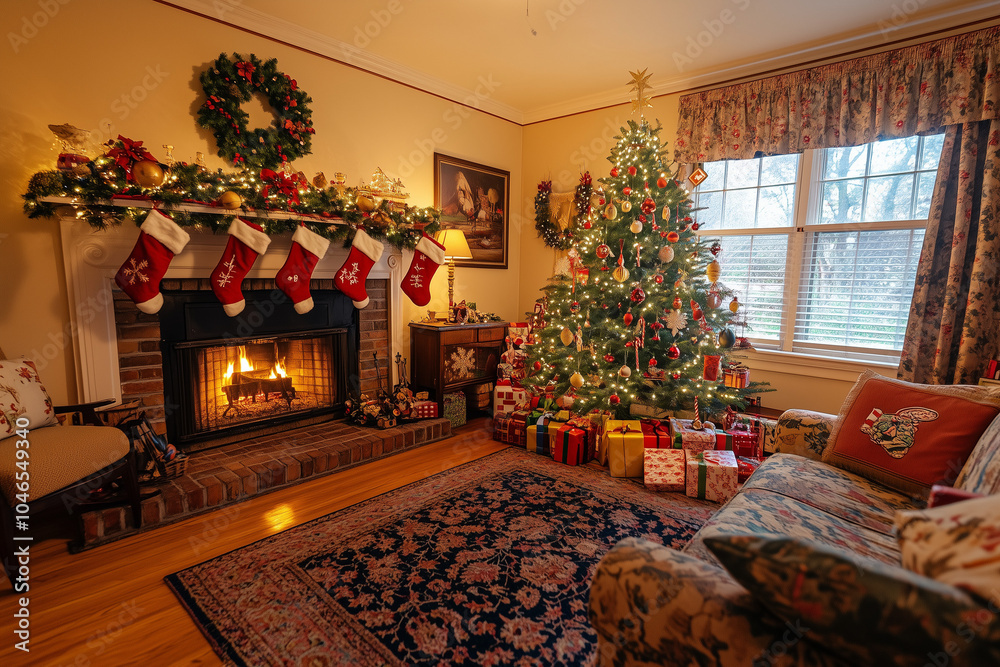 A cozy living room with a beautifully decorated Christmas tree, glowing fireplace, stockings hung on the mantel, and gifts wrapped in colorful paper A cozy living room with a beautifully decorated Christmas tree, glowing fireplace, stockings hung on the mantel, and gifts wrapped in colorful paper