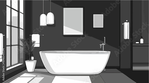 Black and white illustration of a bathroom.