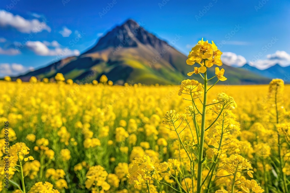 Sunny yellow flower field with mountain backdrop Sunny yellow flower field with mountain backdrop