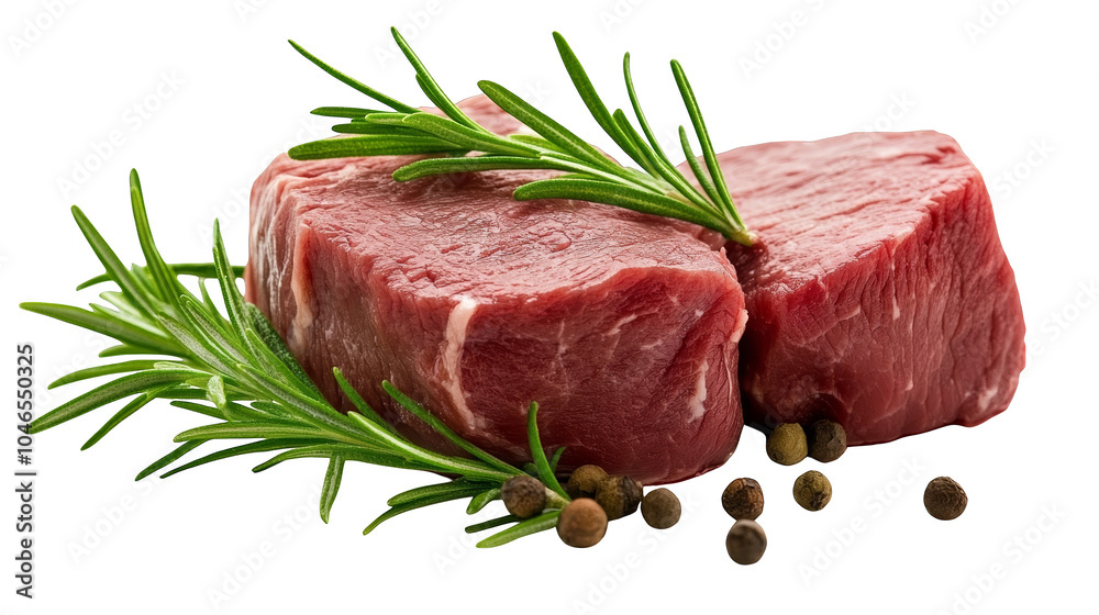Two pieces of seasoned beef ready for cooking, garnished with fresh rosemary two Two pieces of seasoned beef ready for cooking, garnished with fresh rosemary two
