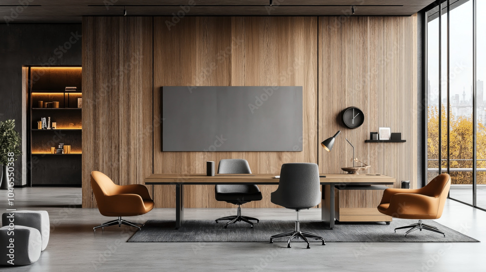 Modern office interior with wooden walls, a large desk with chairs, wall clock, and a view of a cityscape through large windows. Modern office interior with wooden walls, a large desk with chairs, wall clock, and a view of a cityscape through large windows.