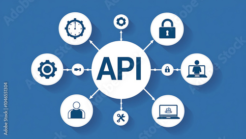 network diagram of 'API', API icons, Digital network, Blue background