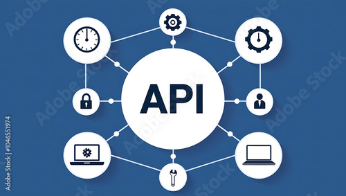 network diagram of 'API', API icons, Digital network, Blue background