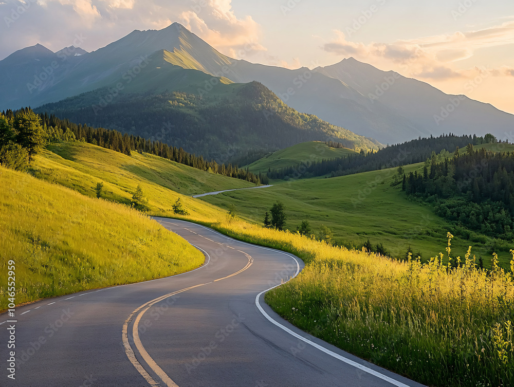 Country road and green meadow with mountain nature landscape under blue sky. Country road and green meadow with mountain nature landscape under blue sky.