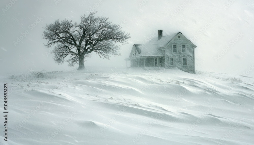 A significant storm leaves a house and tree covered with wind-blown snow. A significant storm leaves a house and tree covered with wind-blown snow.