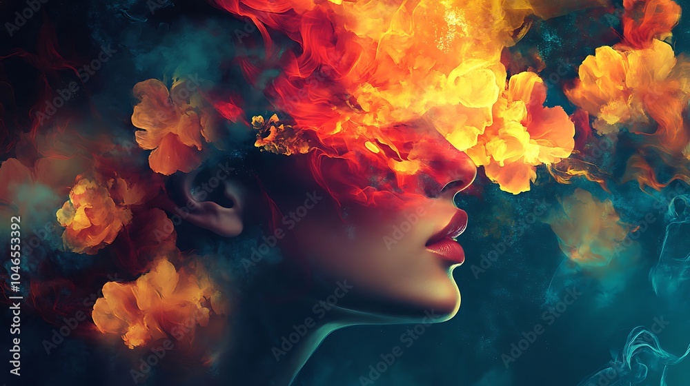 A woman's face is partially obscured by a vibrant, abstract cloud of yellow and orange. The image is painted in a style reminiscent of watercolor, A woman's face is partially obscured by a vibrant, abstract cloud of yellow and orange. The image is painted in a style reminiscent of watercolor,