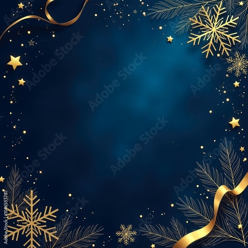 luxurious Christmas banner with copy space, deep blue winter night sky theme with golden holiday accents, festive frame made of gold snowflakes stars ribbon branches. season's greetings, holiday sales photo