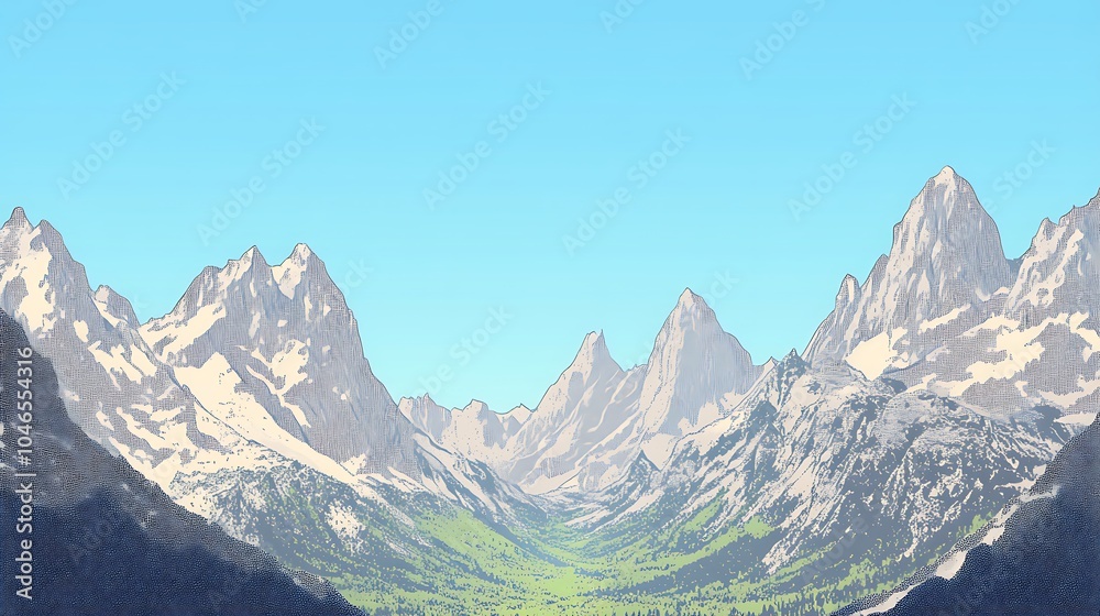 Snow-capped mountains rise above a green valley under a blue sky. Snow-capped mountains rise above a green valley under a blue sky.