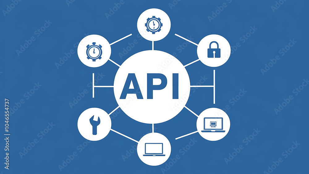 network diagram of 'API', API icons, Digital network, Blue background network diagram of 'API', API icons, Digital network, Blue background