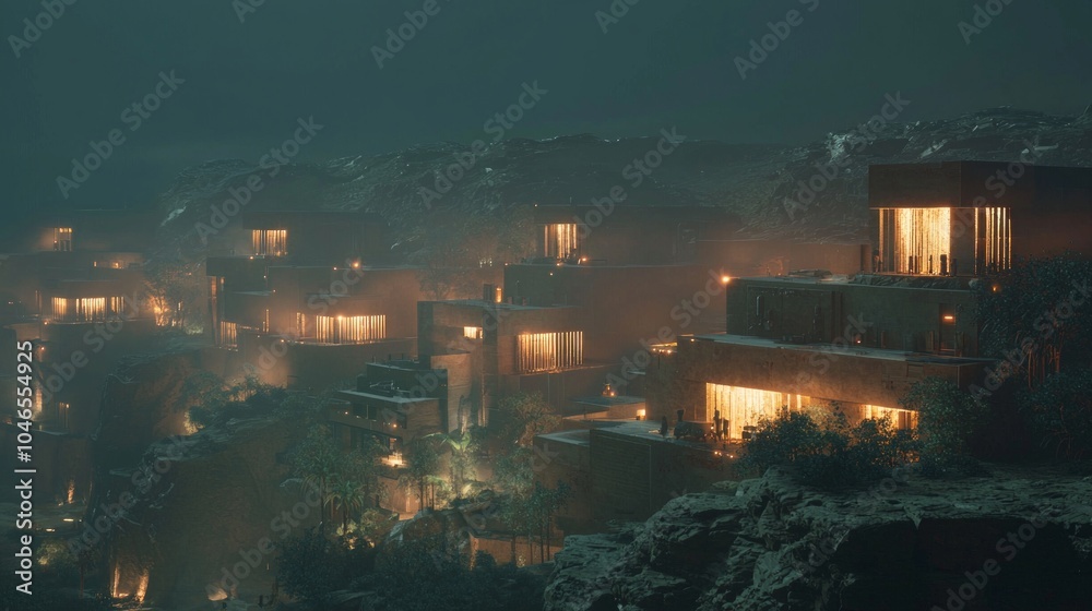 Fototapeta premium Twilight Illumination: Exquisite Martian Landscape with Settlement at Dusk