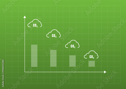 Carbon Dioxide Reduction Concept. White clouds and the CO2 symbol, drop down on the green table graph.