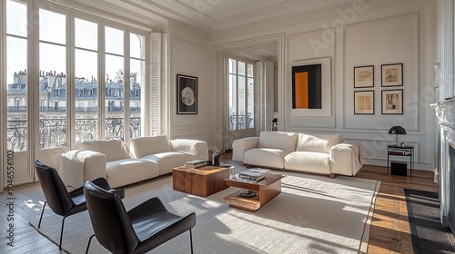 Parisian apartment featuring a Scandinavian interior design in a contemporary living room.
