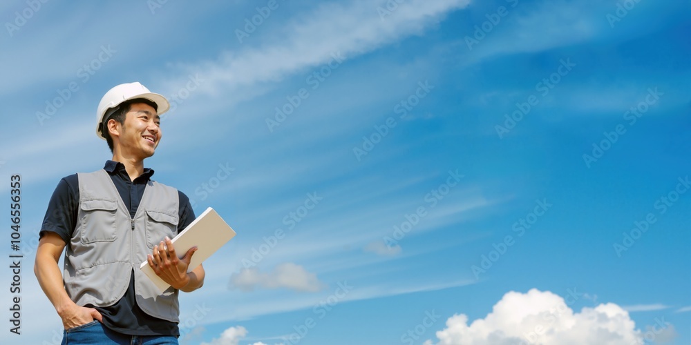Male Asian Industrial Worker Holding Paperwork Under a Bright Blue Sky Male Asian Industrial Worker Holding Paperwork Under a Bright Blue Sky