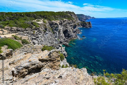 Sunny day on wild coast Porquerolles Island, Bluff and sea, France, High quality photo photo