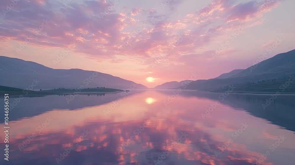 A serene sunset over a tranquil lake, with heart-shaped clouds reflecting on the water's surface, surrounded by gentle hills and soft pink skies. A serene sunset over a tranquil lake, with heart-shaped clouds reflecting on the water's surface, surrounded by gentle hills and soft pink skies.