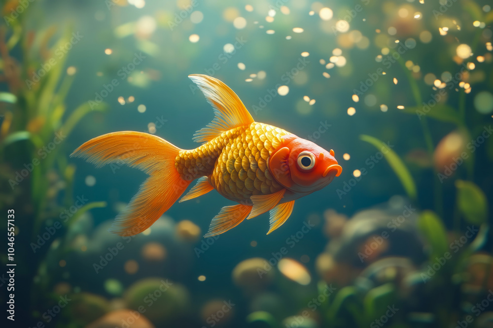 A goldfish swimming in an aquarium filled with plants A goldfish swimming in an aquarium filled with plants
