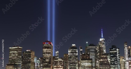 September 11 memorial lights hyper-lapse zoom out