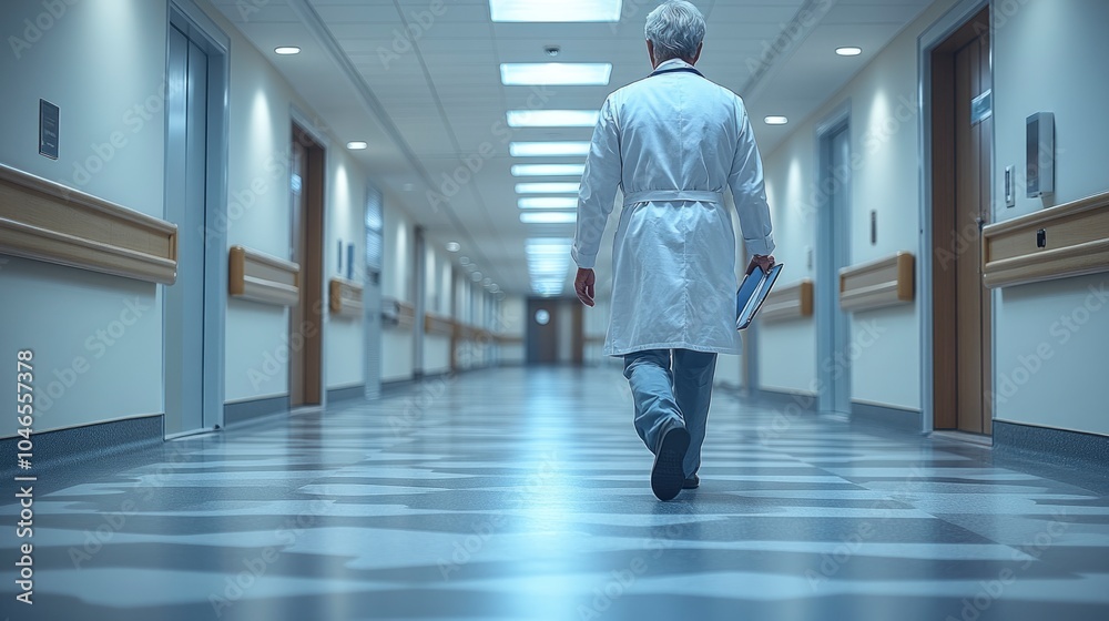 Fototapeta premium Clinical Specialist Walking Hospital Corridor with Digital Patient Records